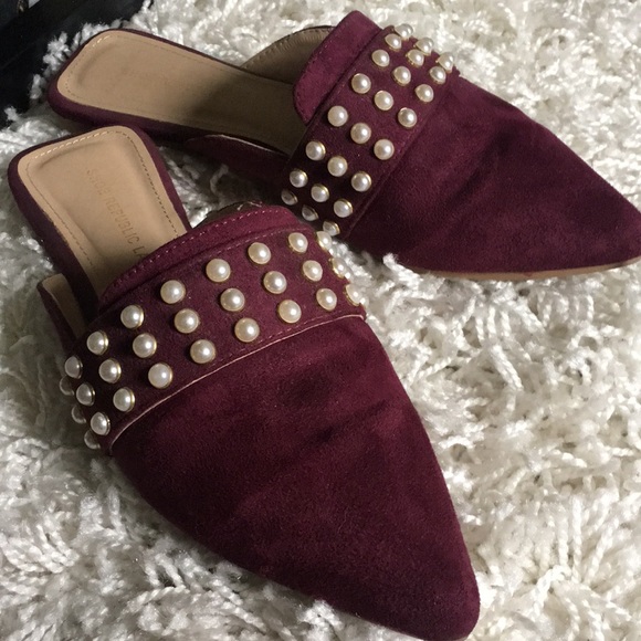 Pearl Studded Burgundy Faux Suede Mules - Picture 2 of 4